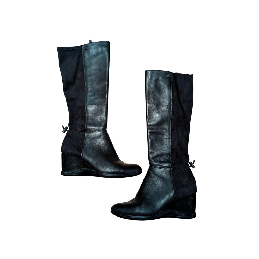 Calvin Klein Womens Black Leather Suede Mixed Media Wedge Knee High Boots